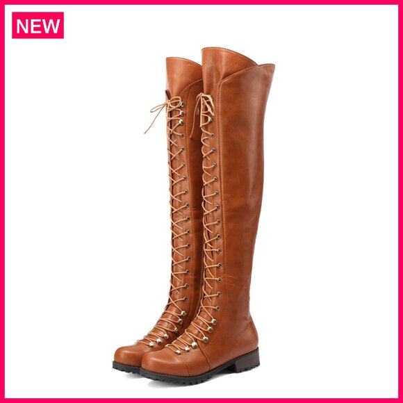 Shoes - Flat Knee High Boots Lace Up Riding Boots PU Leather 22.4" Shaft